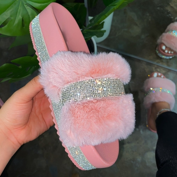 FFS Shoes - Pink Fur Rhinestone Slides